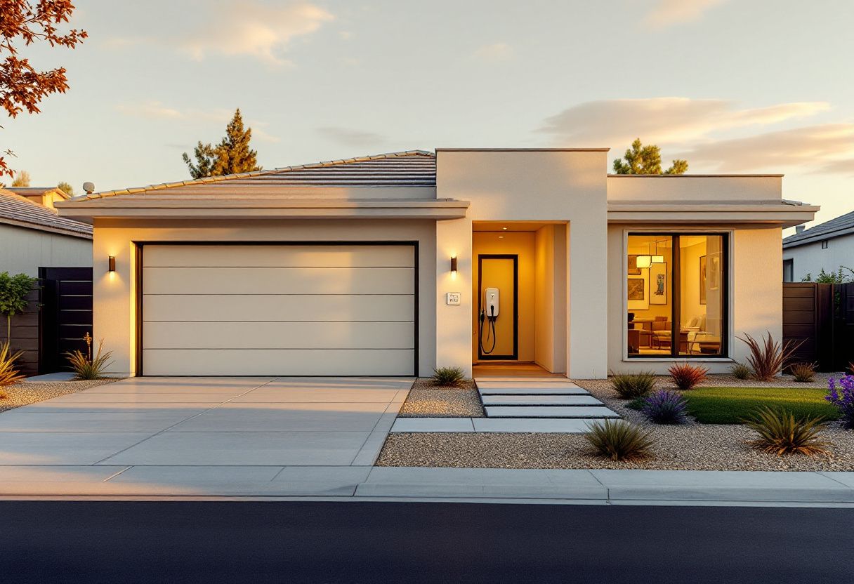 Modern Southern California home with a home EV charger in the garage